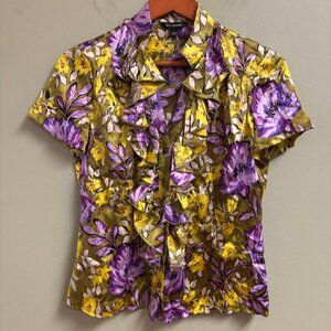 St. John Women Silk Top Sz 4 Button Floral Purple Ruffle Old Money Quiet Luxury